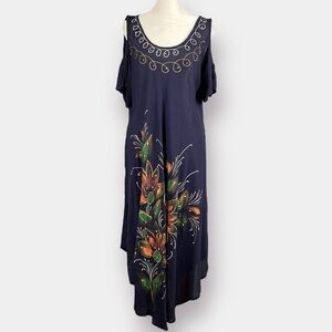 Hand Painted Maxi Dress Cover Up Cold Shoulder One Size Navy Orange